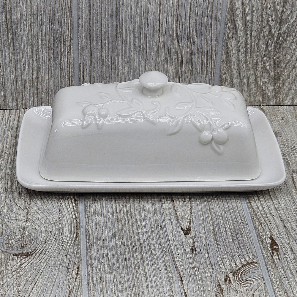 Maison Neuve White Ceramic Butter Dish Embossed Olive Branch Farmhouse 2-Piece